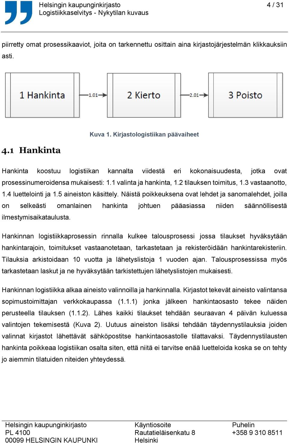 3 vastaanotto, 1.4 luettelointi ja 1.5 aineiston käsittely.