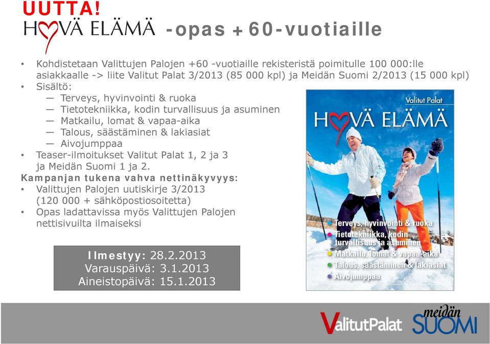 Meidän Suomi 2/2013 (15 000 kpl) Sisältö: Terveys, hyvinvointi & ruoka Tietotekniikka, kodin turvallisuus ja asuminen Matkailu, lomat & vapaa-aika Talous, säästäminen