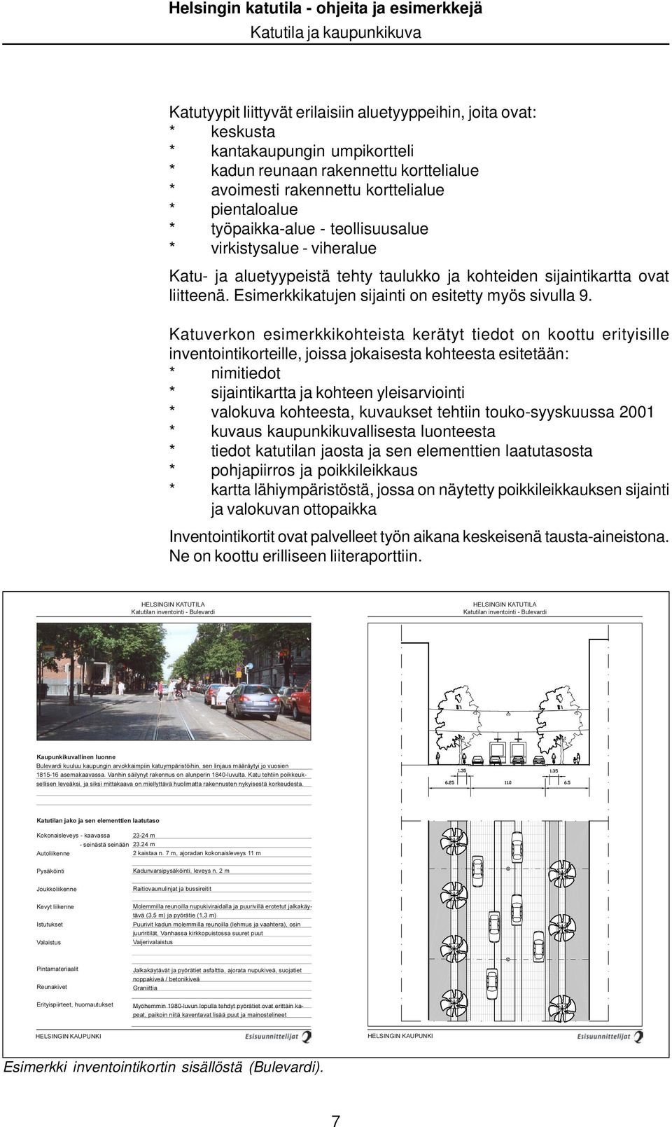 Katuverkon esimerkkikohteista kerätyt tiedot on koottu erityisille inventointikorteille, joissa jokaisesta kohteesta esitetään: * nimitiedot * sijaintikartta ja kohteen yleisarviointi * valokuva