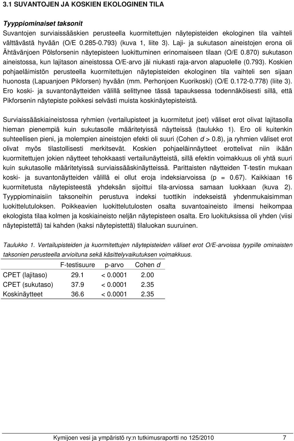 870) sukutason aineistossa, kun lajitason aineistossa O/E-arvo jäi niukasti raja-arvon alapuolelle (0.793).