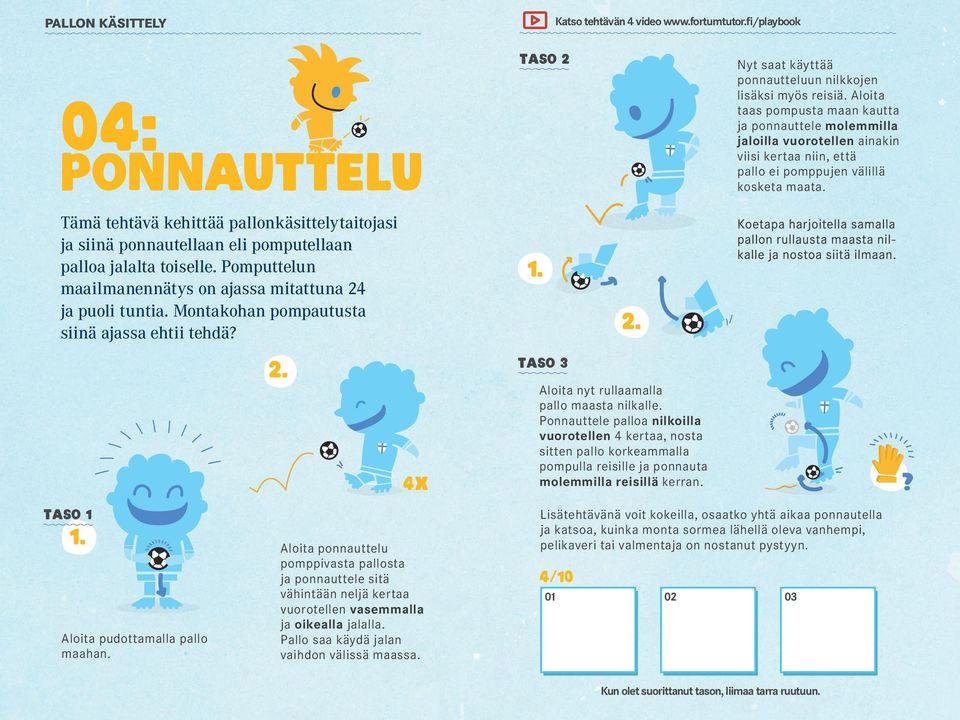 Tämä tehtävä kehittää pallonkäsittelytaitojasi ja siinä ponnautellaan eli pomputellaan palloa jalalta toiselle. Pomputtelun maailmanennätys on ajassa mitattuna 24 ja puoli tuntia.