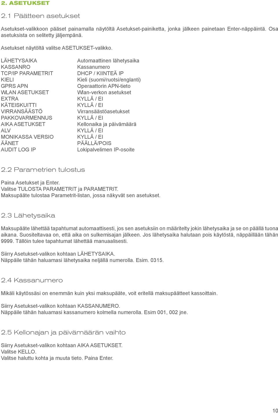 LÄHETYSAIKA KASSANRO TCP/IP PARAMETRIT KIELI GPRS APN WLAN ASETUKSET EXTRA KÄTEISKUITTI VIRRANSÄÄSTÖ PAKKOVARMENNUS AIKA ASETUKSET ALV MONIKASSA VERSIO ÄÄNET AUDIT LOG IP Automaattinen lähetysaika