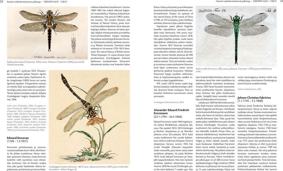 Myöhemmin Selys Longchamps (1850) kuvasi sen samaa lajinimeä käyttäen. Charpentierin mukaan on nimetty kaksi eurooppalaista sudenkorentolajia, joista toisen nimi on synonyymi.