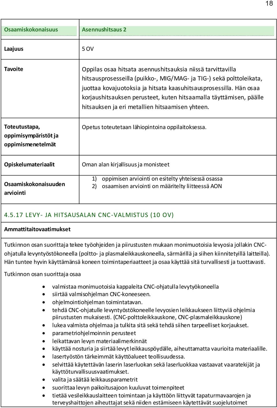 Toteutustapa, oppimisympäristöt ja oppimismenetelmät Opetus toteutetaan lähiopintoina oppilaitoksessa. Oman alan kirjallisuus ja monisteet 2) osaamisen on määritelty liitteessä AON 4.5.