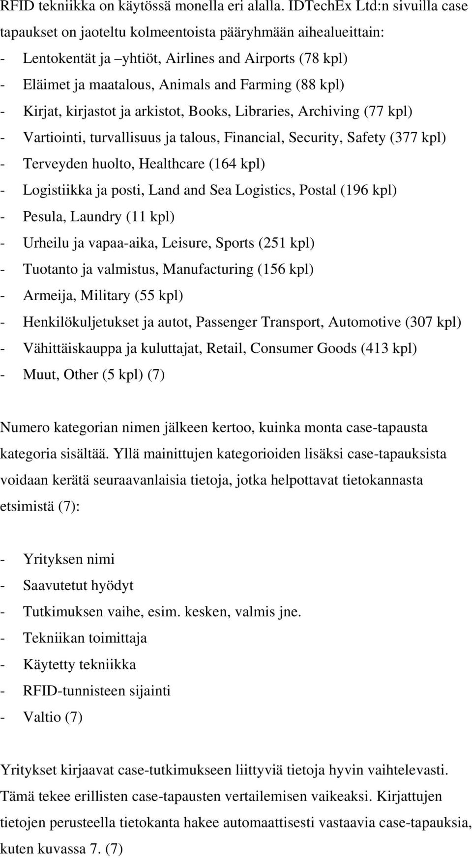 kpl) - Kirjat, kirjastot ja arkistot, Books, Libraries, Archiving (77 kpl) - Vartiointi, turvallisuus ja talous, Financial, Security, Safety (377 kpl) - Terveyden huolto, Healthcare (164 kpl) -