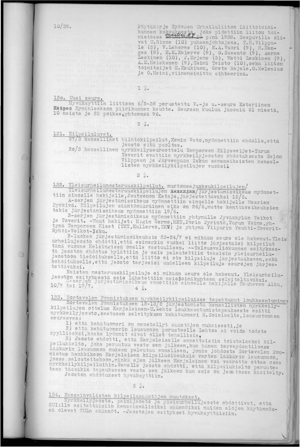 ä lii t on toimitsijat E. 7~ukinen, Greta Rajala, O. He l enius ja 0. Ha1ni, vii~e ainittu sihteerina. 1 ~. 130. Uusi seura. HyvG.ksyttiin liittoon 6/2-38 perustettu V.- ja u.