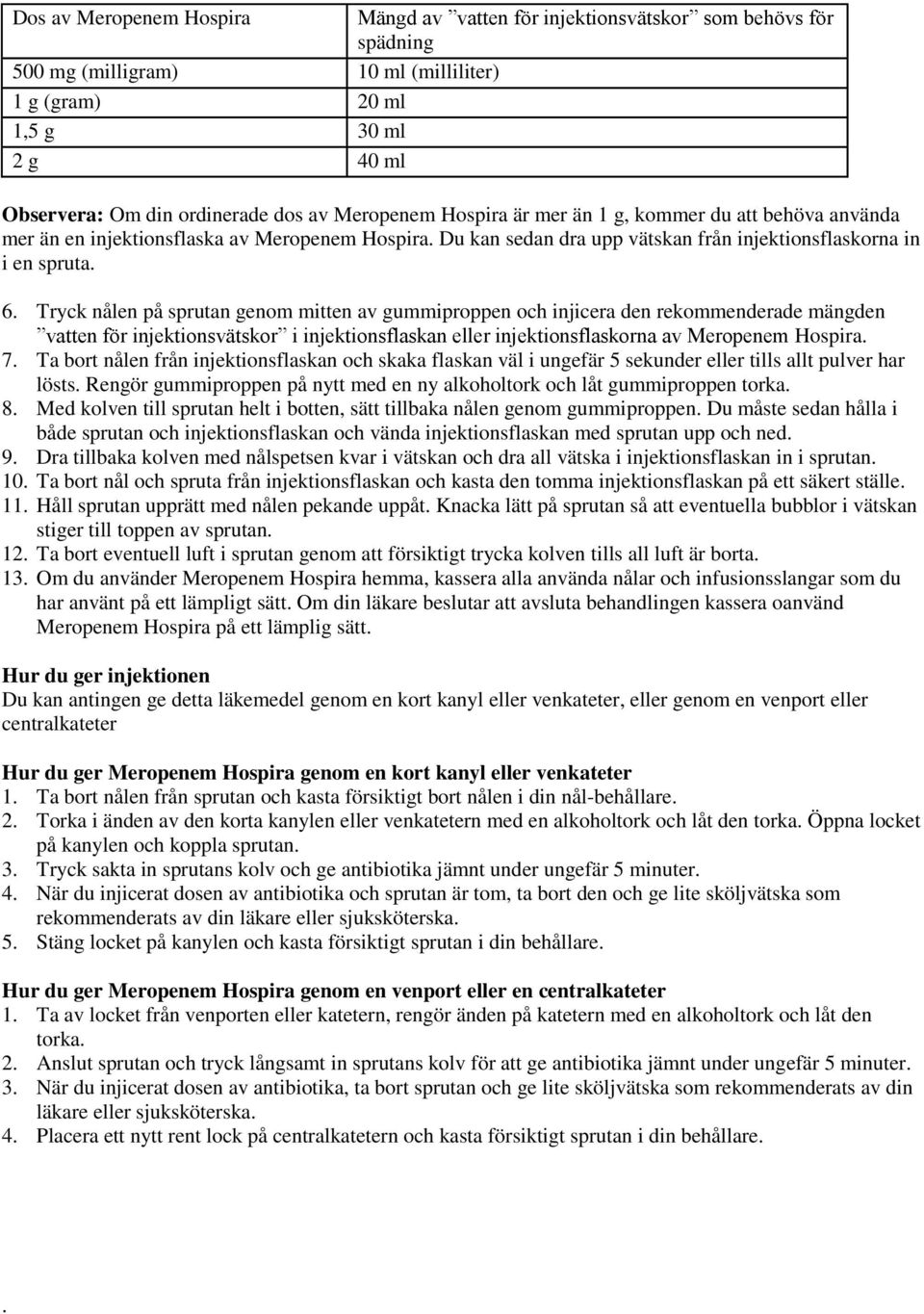 Tryck nålen på sprutan genom mitten av gummiproppen och injicera den rekommenderade mängden vatten för injektionsvätskor i injektionsflaskan eller injektionsflaskorna av Meropenem Hospira. 7.