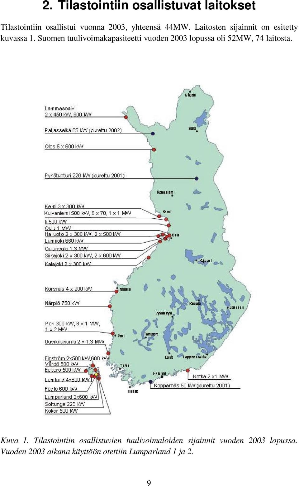 Suomen tuulivoimakapasiteetti vuoden 2003 lopussa oli 52MW, 74 laitosta. Kuva 1.