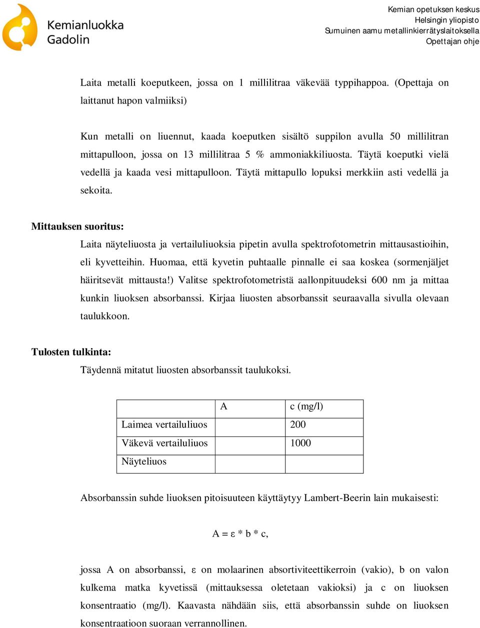 Täytä koeputki vielä vedellä ja kaada vesi mittapulloon. Täytä mittapullo lopuksi merkkiin asti vedellä ja sekoita.