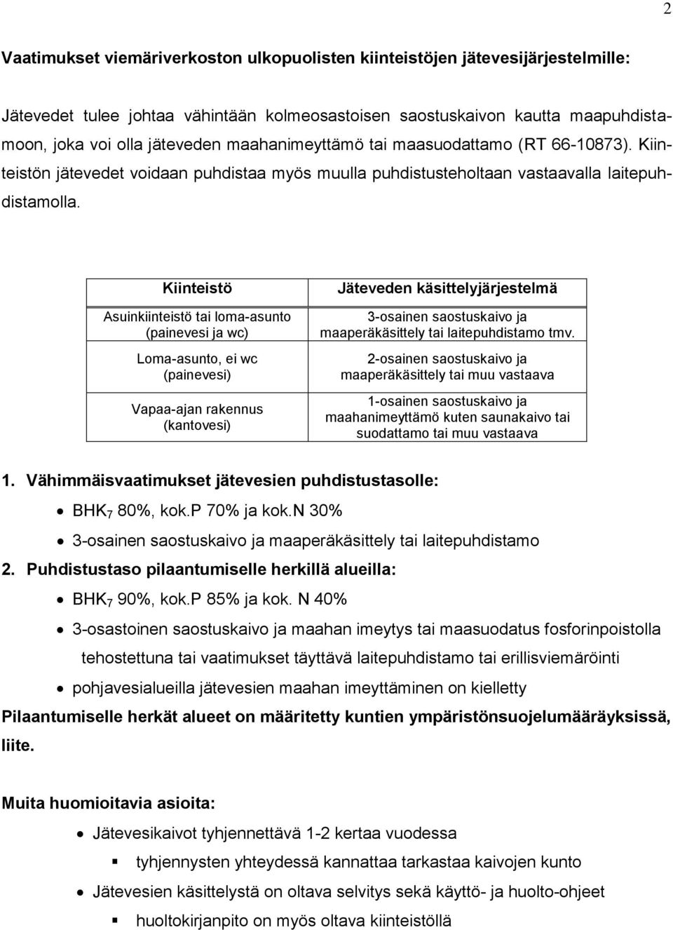 Kiinteistö Asuinkiinteistö tai loma-asunto (painevesi ja wc) Loma-asunto, ei wc (painevesi) Vapaa-ajan rakennus (kantovesi) Jäteveden käsittelyjärjestelmä 3-osainen saostuskaivo ja maaperäkäsittely