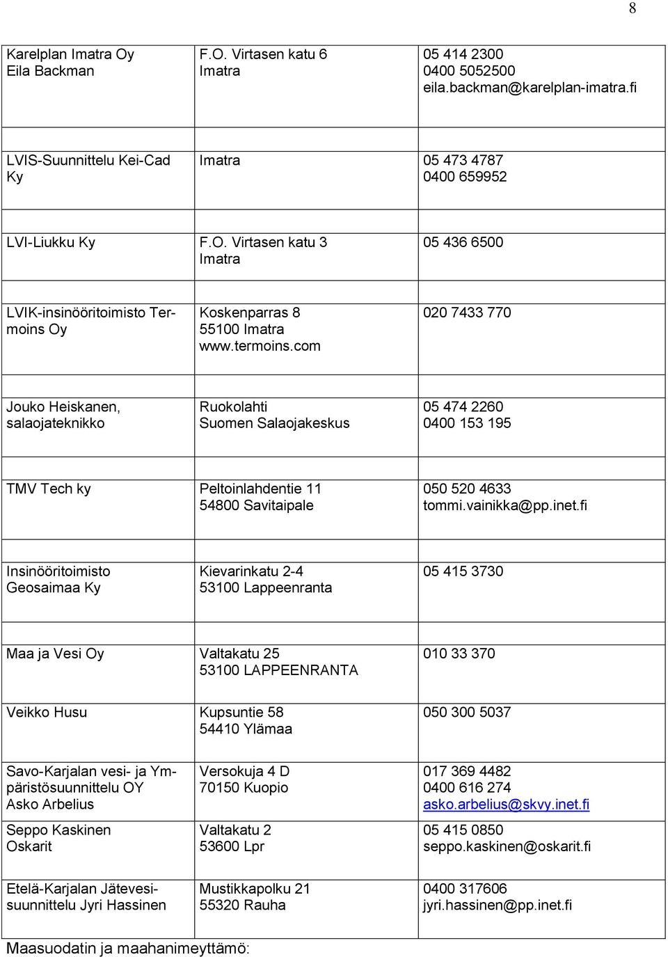 inet.fi Insinööritoimisto Geosaimaa Ky Kievarinkatu 2-4 53100 Lappeenranta 05 415 3730 Maa ja Vesi Oy Valtakatu 25 53100 LAPPEENRANTA 010 33 370 Veikko Husu Kupsuntie 58 54410 Ylämaa 050 300 5037