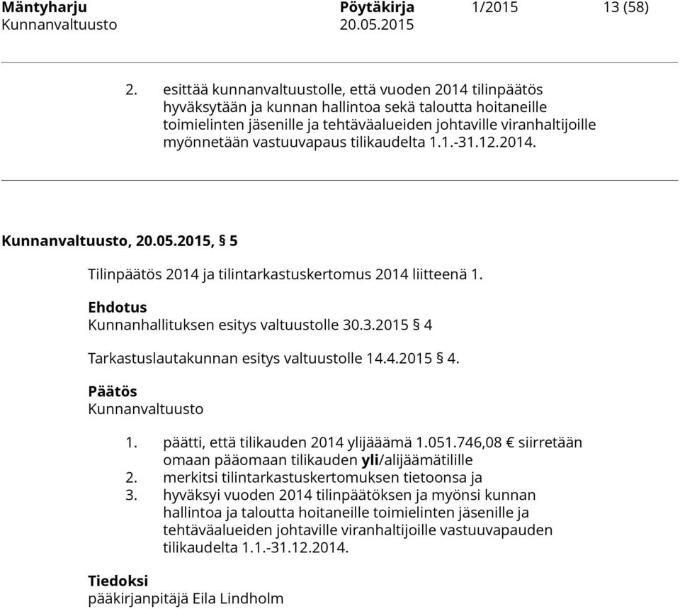 vastuuvapaus tilikaudelta 1.1.-31.12.2014. Kunnanvaltuusto, 20.05.2015, 5 Tilinpäätös 2014 ja tilintarkastuskertomus 2014 liitteenä 1. Kunnanhallituksen esitys valtuustolle 30.3.2015 4 Tarkastuslautakunnan esitys valtuustolle 14.