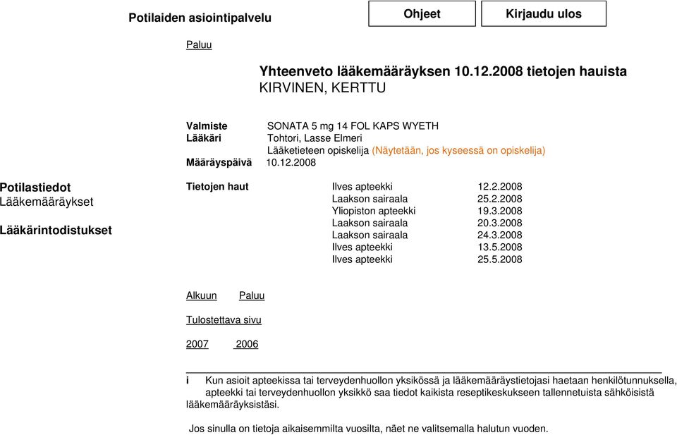 2008 Potilastiedot Lääkemääräykset Lääkärintodistukset Tietojen haut Ilves apteekki 12.2.2008 Laakson sairaala 25.2.2008 Yliopiston apteekki 19.3.2008 Laakson sairaala 20.3.2008 Laakson sairaala 24.3.2008 Ilves apteekki 13.