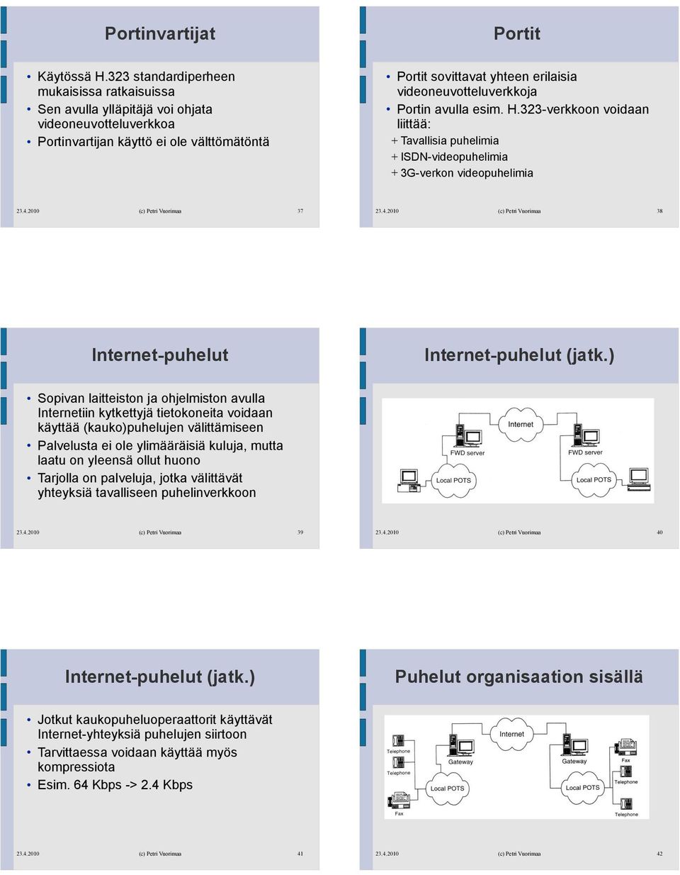 videoneuvotteluverkkoja Portin avulla esim. H.323-verkkoon voidaan liittää: + Tavallisia puhelimia + ISDN-videopuhelimia + 3G-verkon videopuhelimia 37 38 Internet-puhelut Internet-puhelut (jatk.