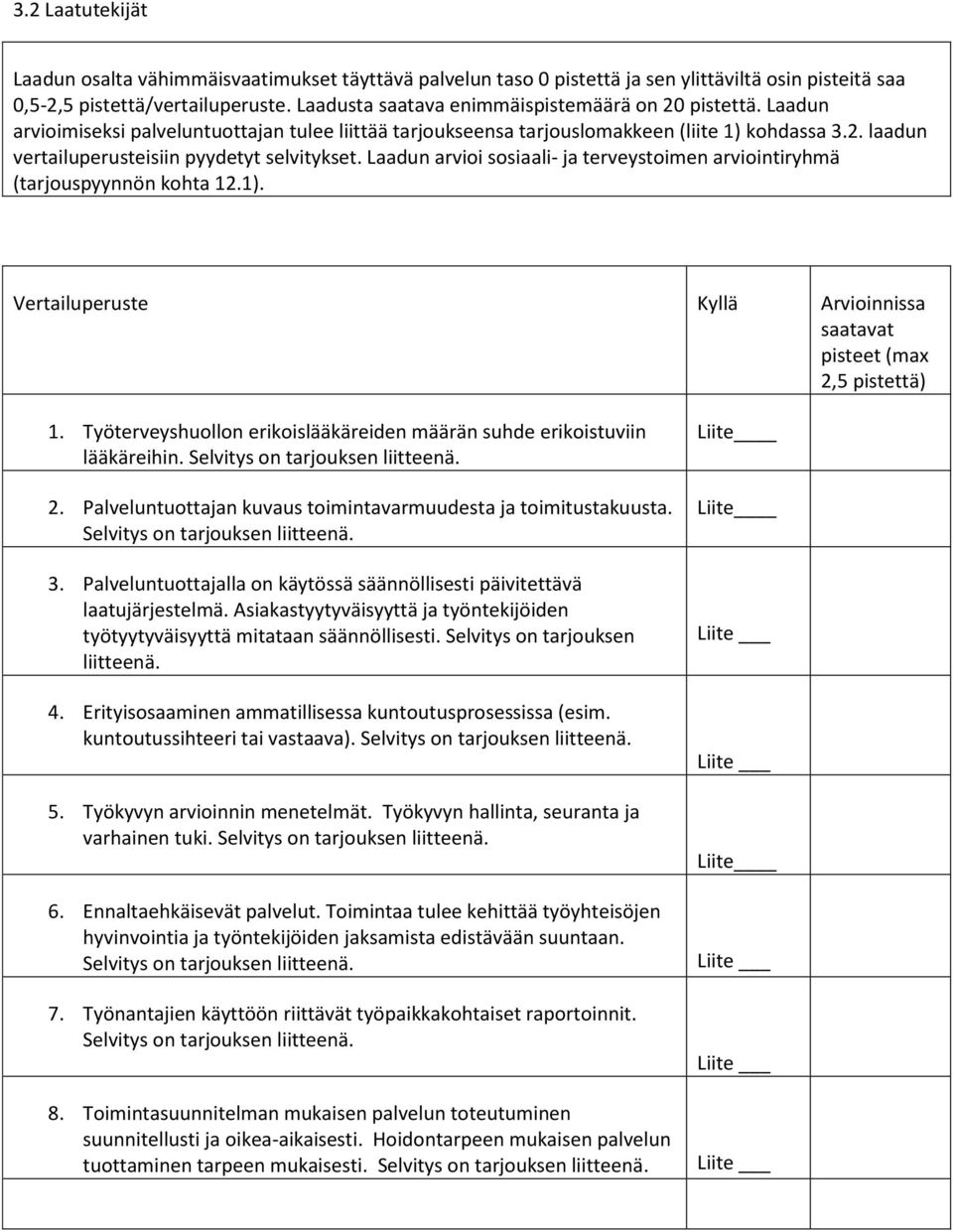 Laadun arvioi sosiaali- ja terveystoimen arviointiryhmä (tarjouspyynnön kohta 12.1). Vertailuperuste Kyllä Arvioinnissa saatavat pisteet (max 2,5 pistettä) 1.