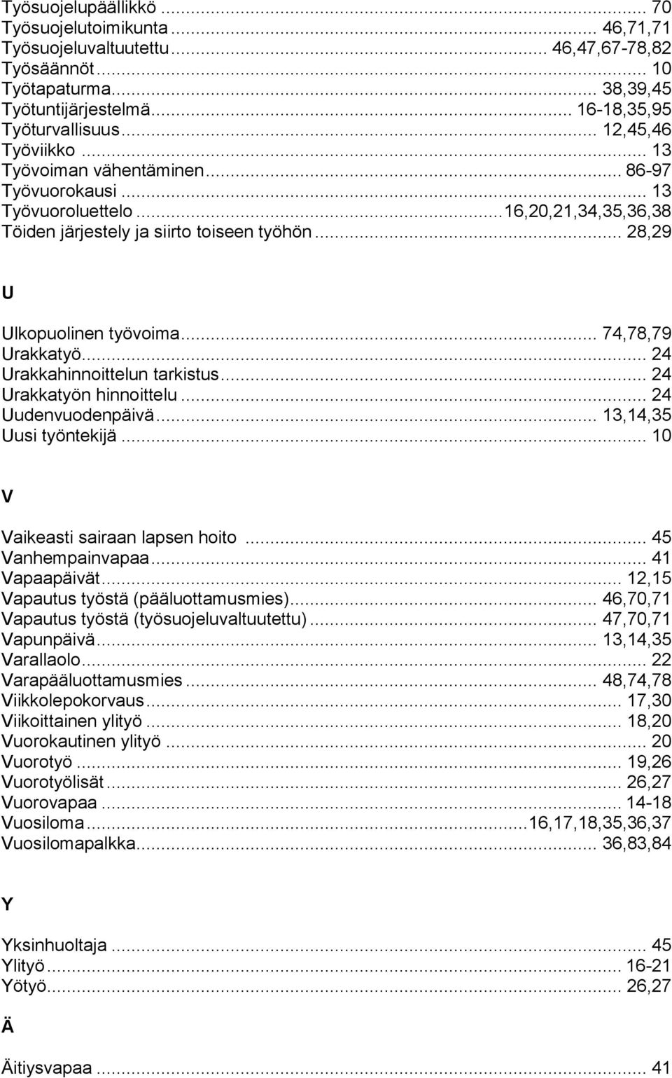 .. 74,78,79 Urakkatyö... 24 Urakkahinnoittelun tarkistus... 24 Urakkatyön hinnoittelu... 24 Uudenvuodenpäivä... 13,14,35 Uusi työntekijä... 10 V Vaikeasti sairaan lapsen hoito... 45 Vanhempainvapaa.