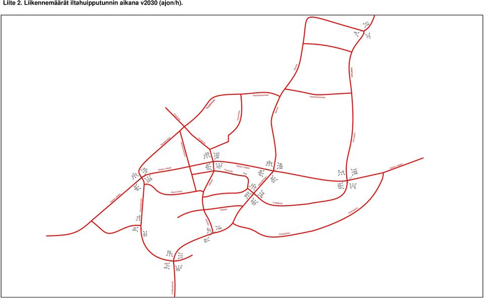 73 508 77 273 331 89 Rautatienkatu 343 61 51 320 180 Pinsiöntie Härkitie 381 457 43 60 254 Liite 2. Liikennemäärät iltahuipputunnin aikana v2030 (ajon/h).