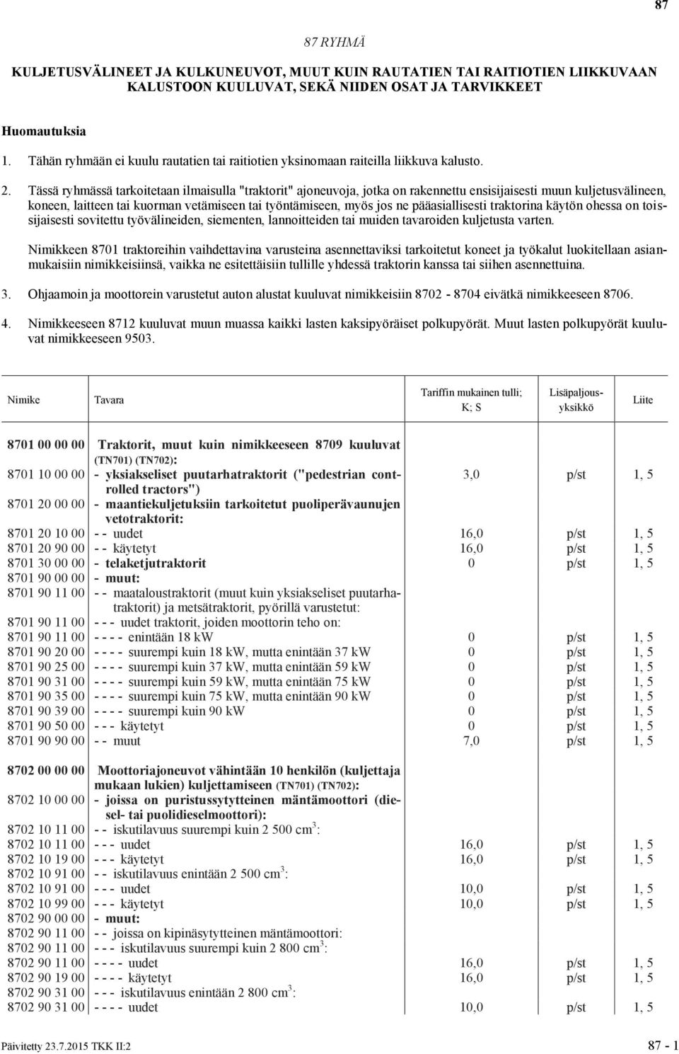 Tässä ryhmässä tarkoitetaan ilmaisulla "traktorit" ajoneuvoja, jotka on rakennettu ensisijaisesti muun kuljetusvälineen, koneen, laitteen tai kuorman vetämiseen tai työntämiseen, myös jos ne