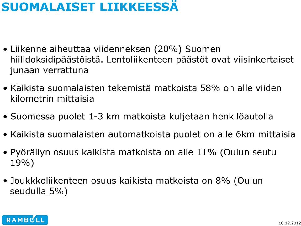 kilometrin mittaisia Suomessa puolet 1-3 km matkoista kuljetaan henkilöautolla Kaikista suomalaisten automatkoista puolet