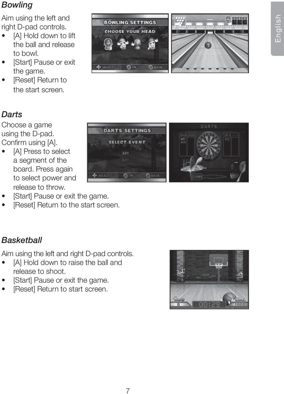 Press again to select power and release to throw. [Start] Pause or exit the game. [Reset] Return to the start screen.