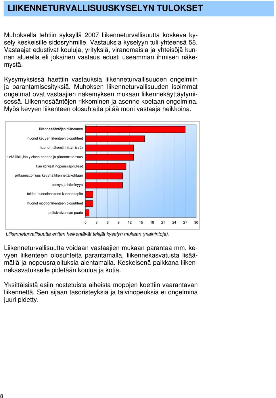 Kysymyksissä haettiin vastauksia liikenneturvallisuuden ongelmiin ja parantamisesityksiä. Muhoksen liikenneturvallisuuden isoimmat ongelmat ovat vastaajien näkemyksen mukaan liikennekäyttäytymisessä.