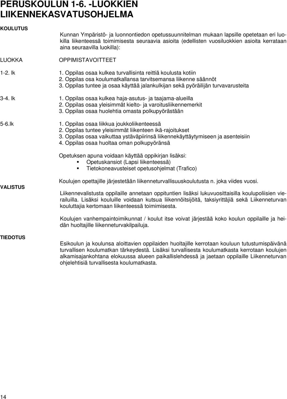 vuosiluokkien asioita kerrataan aina seuraavilla luokilla): OPPIMISTAVOITTEET 1-2. lk 1. Oppilas osaa kulkea turvallisinta reittiä koulusta kotiin 2.