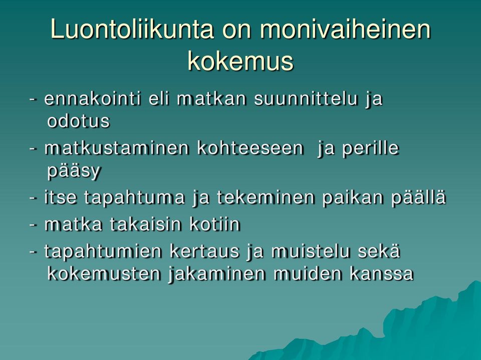 itse tapahtuma ja tekeminen paikan päällä - matka takaisin kotiin -