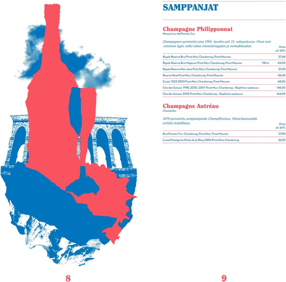 Meunier 37,40 Reserve Rosé Pinot Noir, Chardonnay, Pinot Meunier 48,40 Cuvée 1522 2003 Pinot Noir, Chardonnay, Pinot Meunier 68,00 Clos des Goisses 1998, 2000, 2001 Pinot Noir, Chardonnay Rajallinen