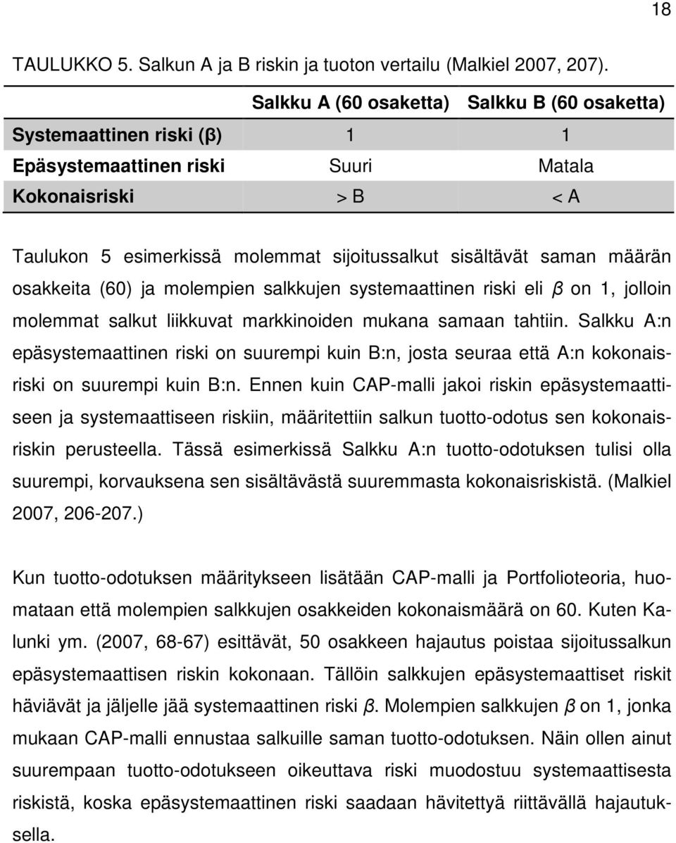 määrän osakkeita (60) ja molempien salkkujen systemaattinen riski eli β on 1, jolloin molemmat salkut liikkuvat markkinoiden mukana samaan tahtiin.