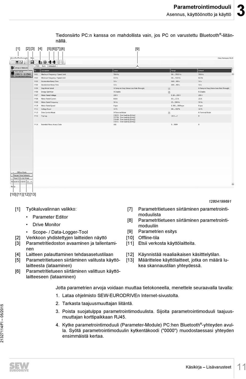 parametrointimoduuliin Drive Monitor Scope- / Data-Logger-Tool [9] Parametrien esitys [2] Verkkoon yhdistettyjen laitteiden näyttö [10] Offline-tila [3] Parametritiedoston avaaminen ja tallentaminen