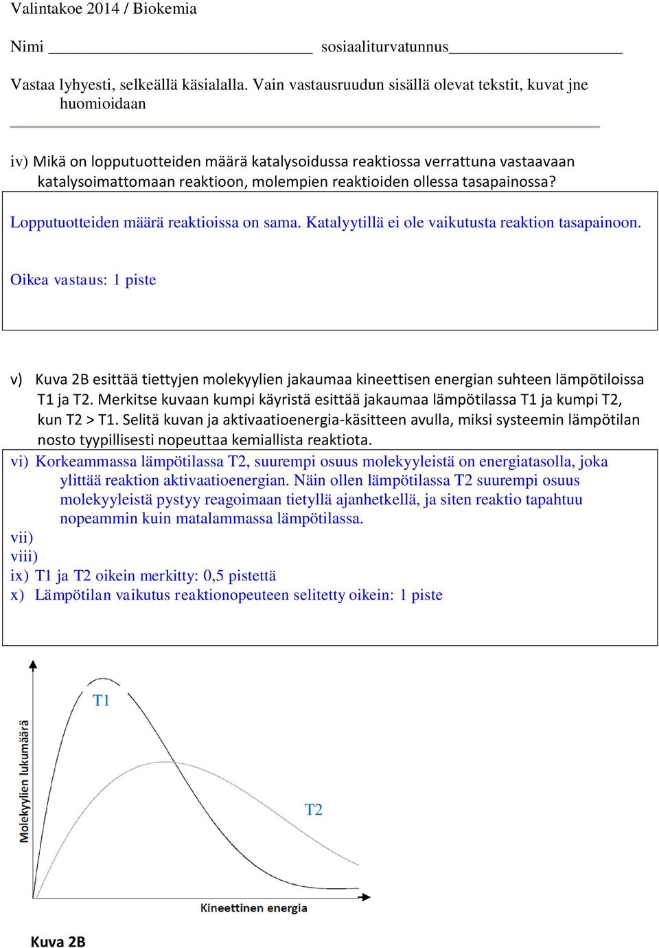 Merkitse kuvaan kumpi käyristä esittää jakaumaa lämpötilassa T1 ja kumpi T2, kun T2 > T1.