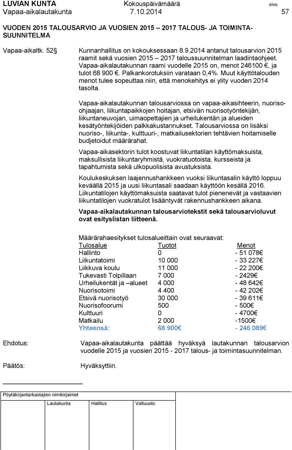 Palkankorotuksiin varataan 0,4%. Muut käyttötalouden menot tulee sopeuttaa niin, että menokehitys ei ylity vuoden 2014 tasolta.