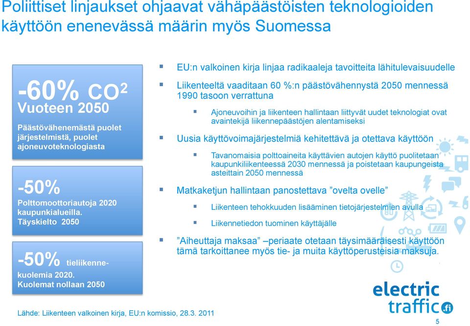 Kuolemat nollaan 2050 EU:n valkoinen kirja linjaa radikaaleja tavoitteita lähitulevaisuudelle Liikenteeltä vaaditaan 60 %:n päästövähennystä 2050 mennessä 1990 tasoon verrattuna Ajoneuvoihin ja