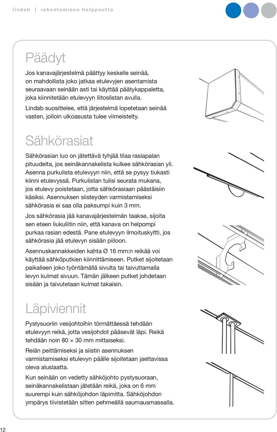 Sähkörasiat Sähkörasian luo on jätettävä tyhjää tilaa rasiapalan pituudelta, jos seinäkannakelista kulkee sähkörasian yli. Asenna purkulista etulevyyn niin, että se pysyy tiukasti kiinni etulevyssä.