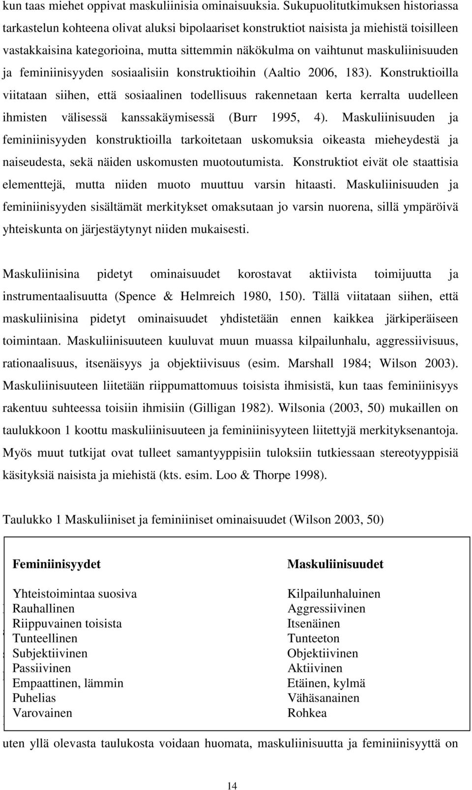 maskuliinisuuden ja feminiinisyyden sosiaalisiin konstruktioihin (Aaltio 2006, 183).