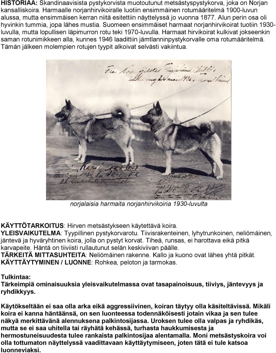 Alun perin osa oli hyvinkin tummia, jopa lähes mustia. Suomeen ensimmäiset harmaat norjanhirvikoirat tuotiin 1930- luvulla, mutta lopullisen läpimurron rotu teki 1970-luvulla.