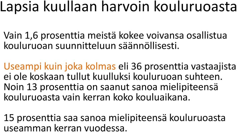 Useampi kuin joka kolmas eli 36 prosenttia vastaajista ei ole koskaan tullut kuulluksi kouluruoan
