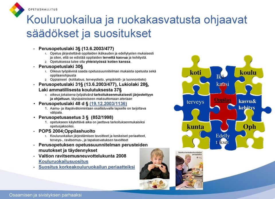 Perusopetuslaki 30 1. Oikeus työpäivinä saada opetussuunnitelman mukaista opetusta sekä oppilaanohjausta 2. Oppiaineet (kotitalous, terveystieto, ympäristö- ja luonnontieto) Perusopetuslaki 31 (13.6.