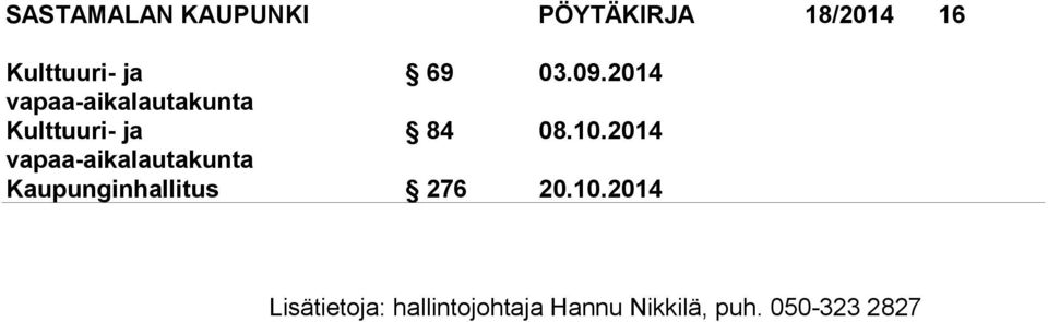 2014 vapaa-aikalautakunta Kaupunginhallitus 276 20.10.