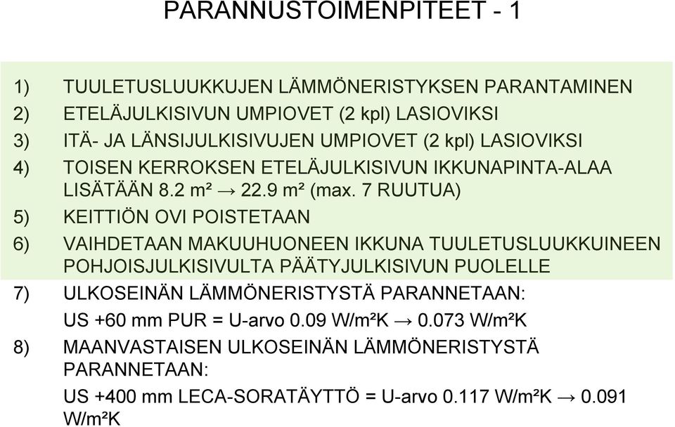 7 RUUTUA) 5) KEITTIÖN OVI POISTETAAN 6) VAIHDETAAN MAKUUHUONEEN IKKUNA TUULETUSLUUKKUINEEN POHJOISJULKISIVULTA PÄÄTYJULKISIVUN PUOLELLE 7) ULKOSEINÄN