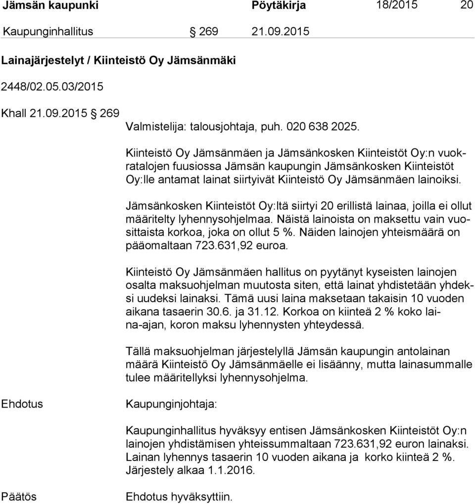 Kiinteistö Oy Jämsänmäen ja Jämsänkosken Kiinteistöt Oy:n vuokra ta lo jen fuusiossa Jämsän kaupungin Jämsänkosken Kiinteistöt Oy:lle antamat lainat siirtyivät Kiinteistö Oy Jämsänmäen lainoiksi.