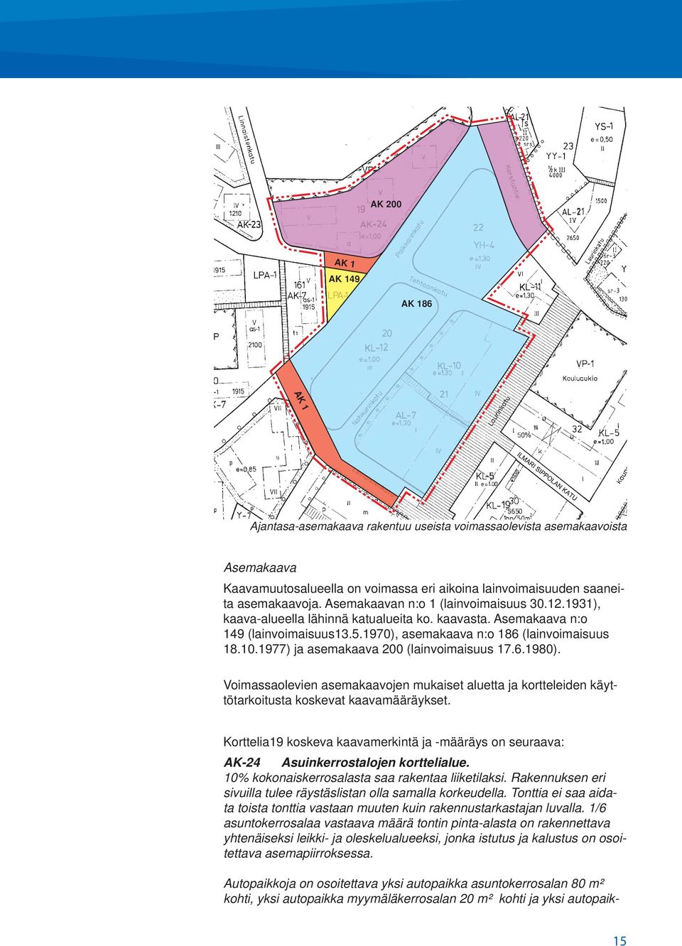 1977) ja asemakaava 200 (lainvoimaisuus 17.6.1980). Voimassaolevien asemakaavojen mukaiset aluetta ja kortteleiden käyttötarkoitusta koskevat kaavamääräykset.