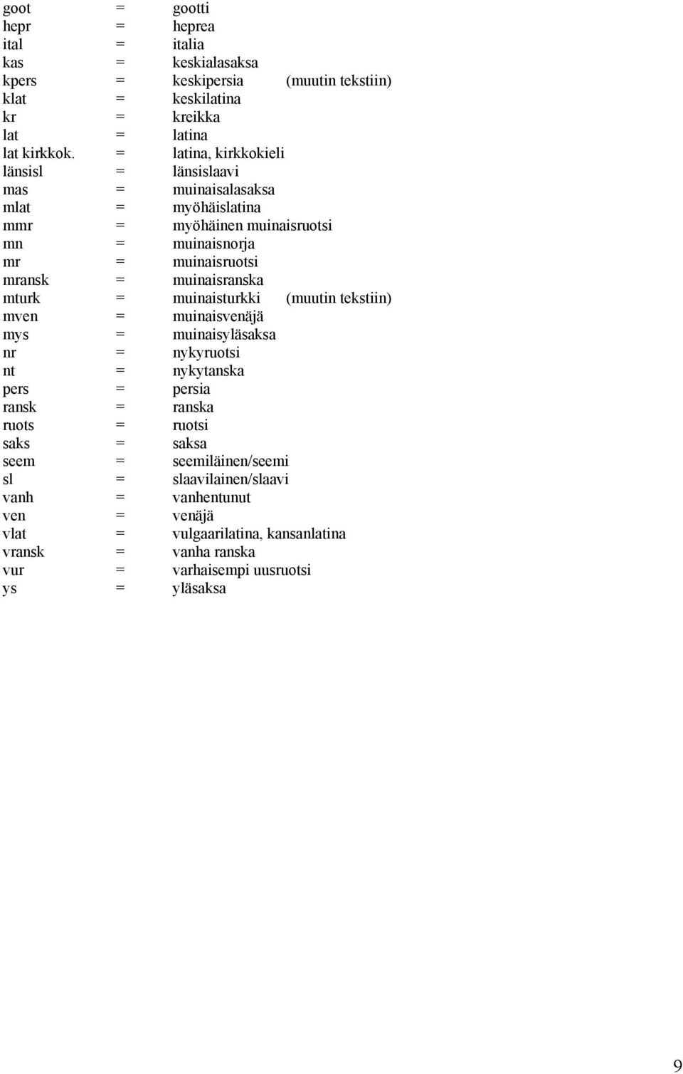 muinaisranska mturk = muinaisturkki (muutin tekstiin) mven = muinaisvenäjä mys = muinaisyläsaksa nr = nykyruotsi nt = nykytanska pers = persia ransk = ranska ruots = ruotsi