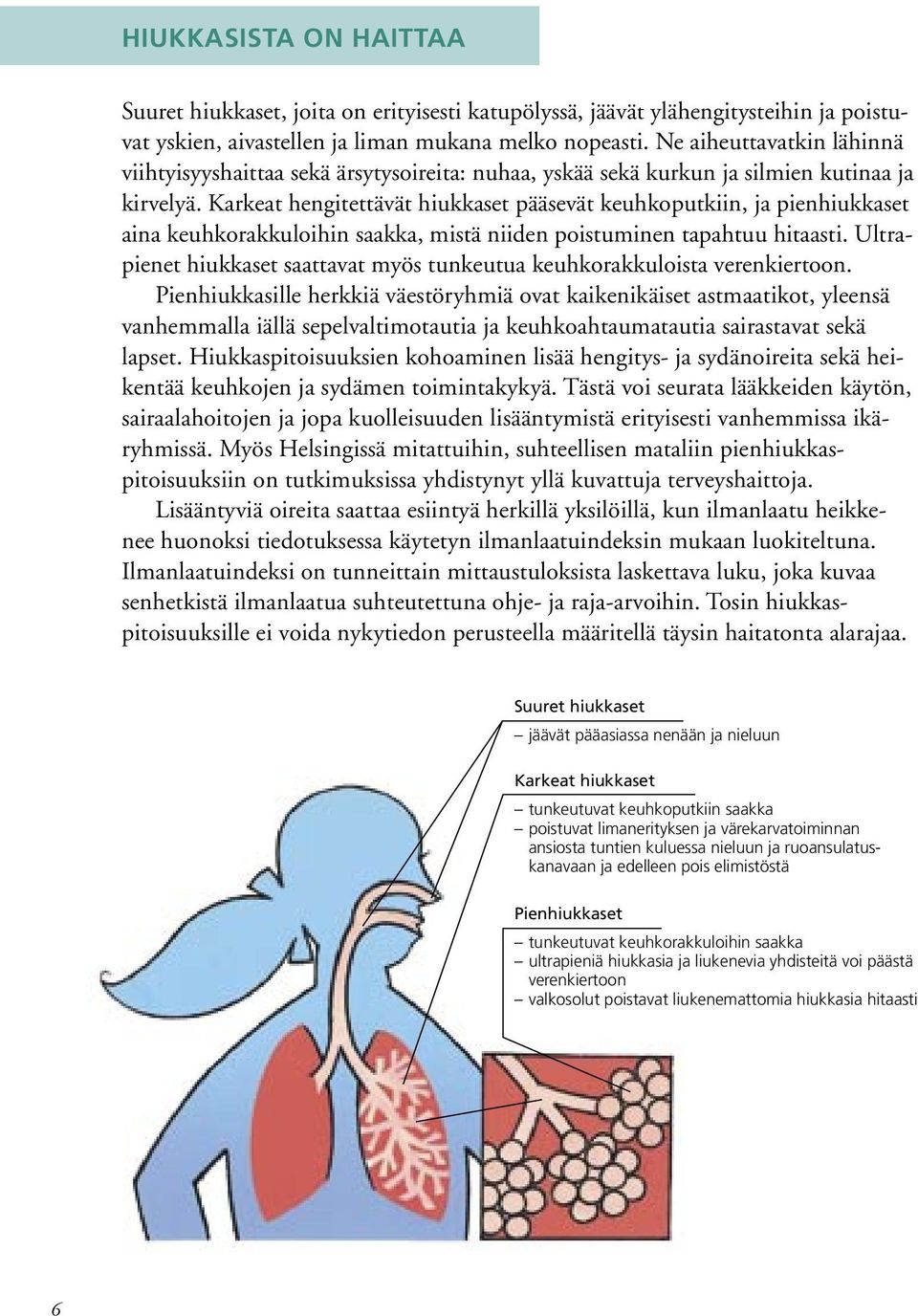 Karkeat hengitettävät hiukkaset pääsevät keuhkoputkiin, ja pienhiukkaset aina keuhkorakkuloihin saakka, mistä niiden poistuminen tapahtuu hitaasti.