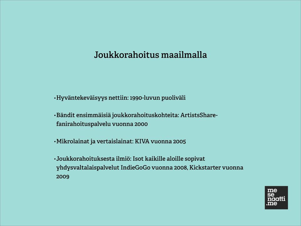 joukkorahoituskohteita: ArtistsSharefanirahoituspalvelu vuonna 2000 Mikrolainat ja