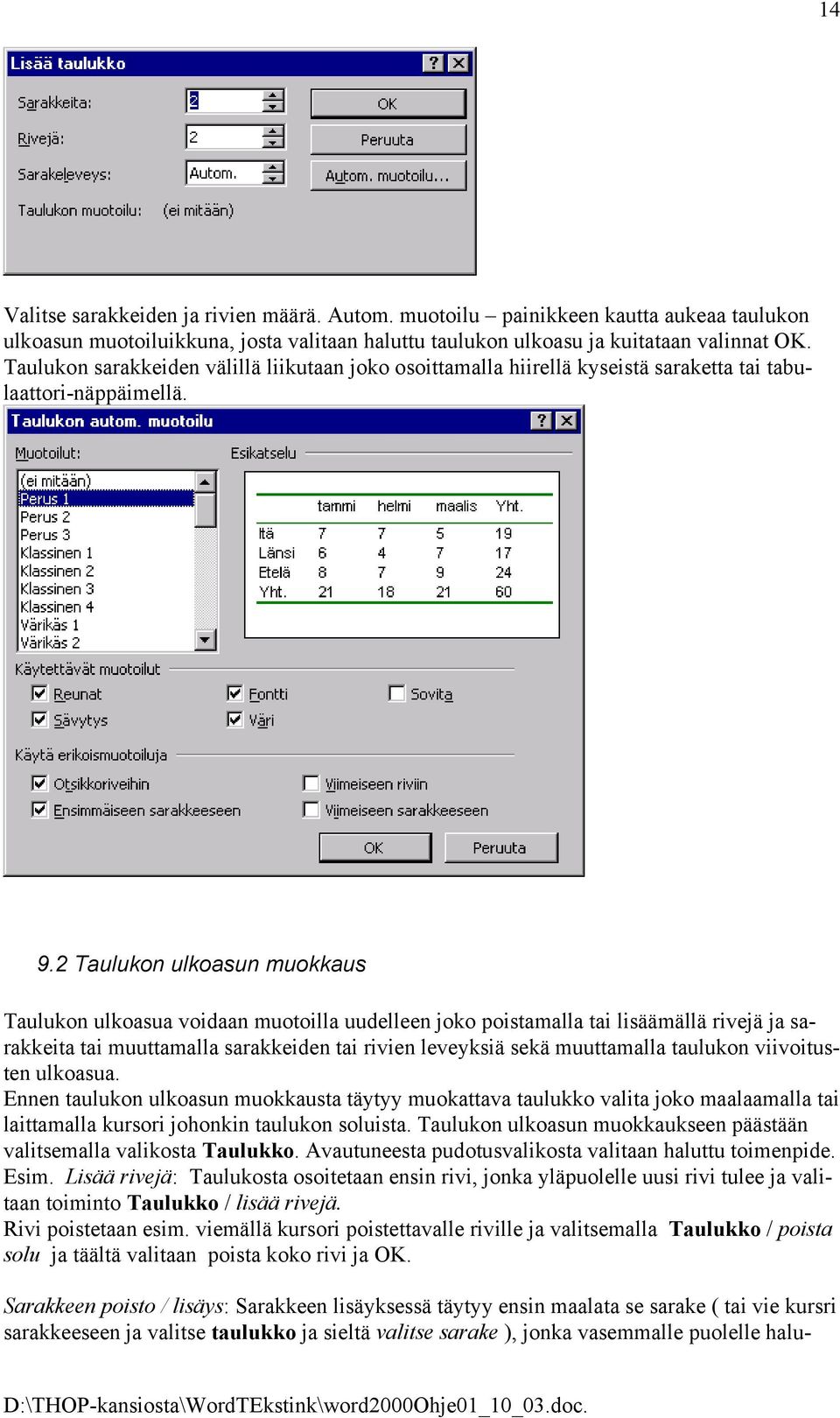 2 Taulukon ulkoasun muokkaus Taulukon ulkoasua voidaan muotoilla uudelleen joko poistamalla tai lisäämällä rivejä ja sarakkeita tai muuttamalla sarakkeiden tai rivien leveyksiä sekä muuttamalla