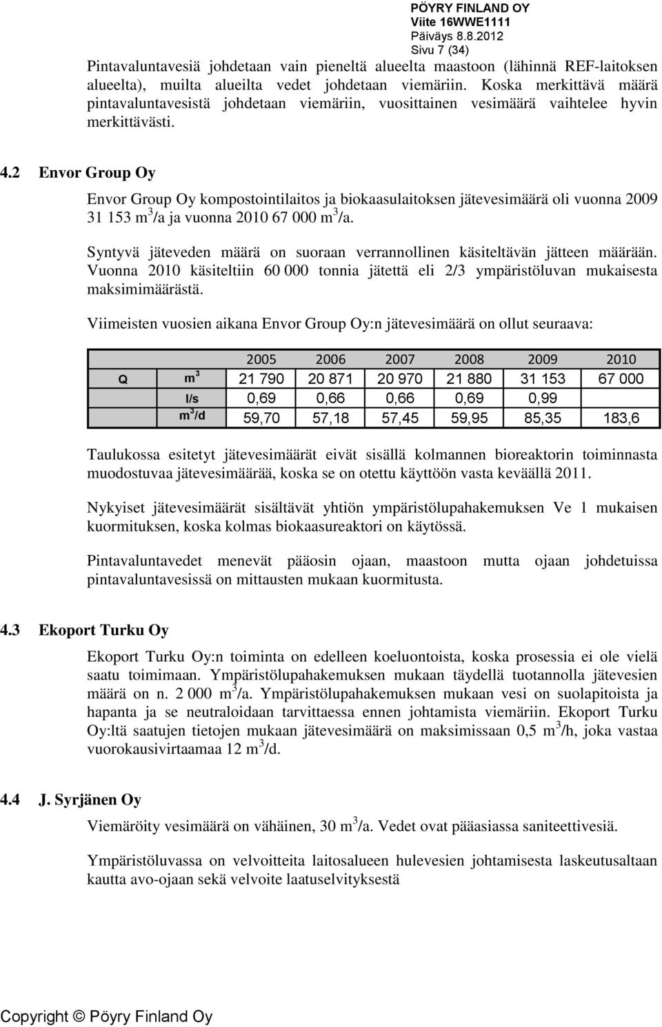 2 Envor Group Oy Envor Group Oy kompostointilaitos ja biokaasulaitoksen jätevesimäärä oli vuonna 2009 31 153 m 3 /a ja vuonna 2010 67 000 m 3 /a.