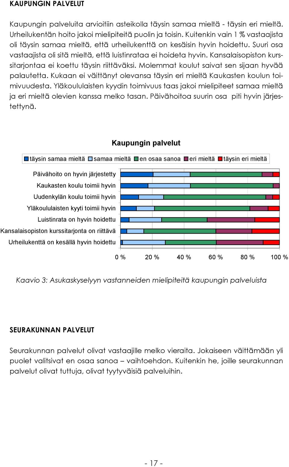 Kansalaisopiston kurssitarjontaa ei koettu täysin riittäväksi. Molemmat koulut saivat sen sijaan hyvää palautetta. Kukaan ei väittänyt olevansa täysin eri mieltä Kaukasten koulun toimivuudesta.