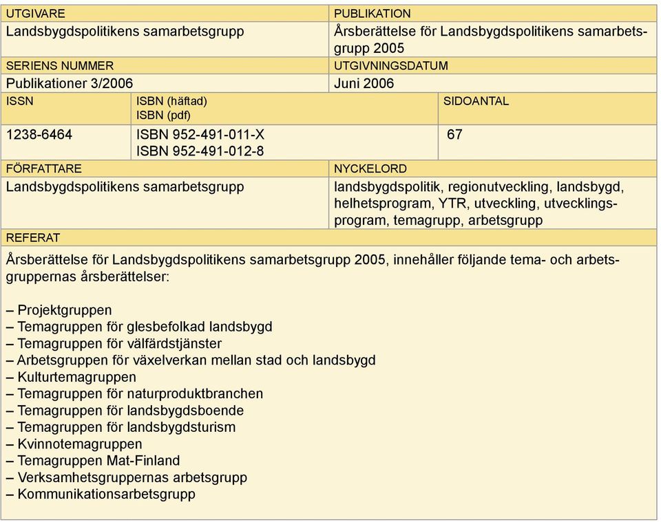 helhetsprogram, YTR, utveckling, utvecklingsprogram, temagrupp, arbetsgrupp Årsberättelse för Landsbygdspolitikens samarbetsgrupp 2005, innehåller följande tema- och arbetsgruppernas årsberättelser: