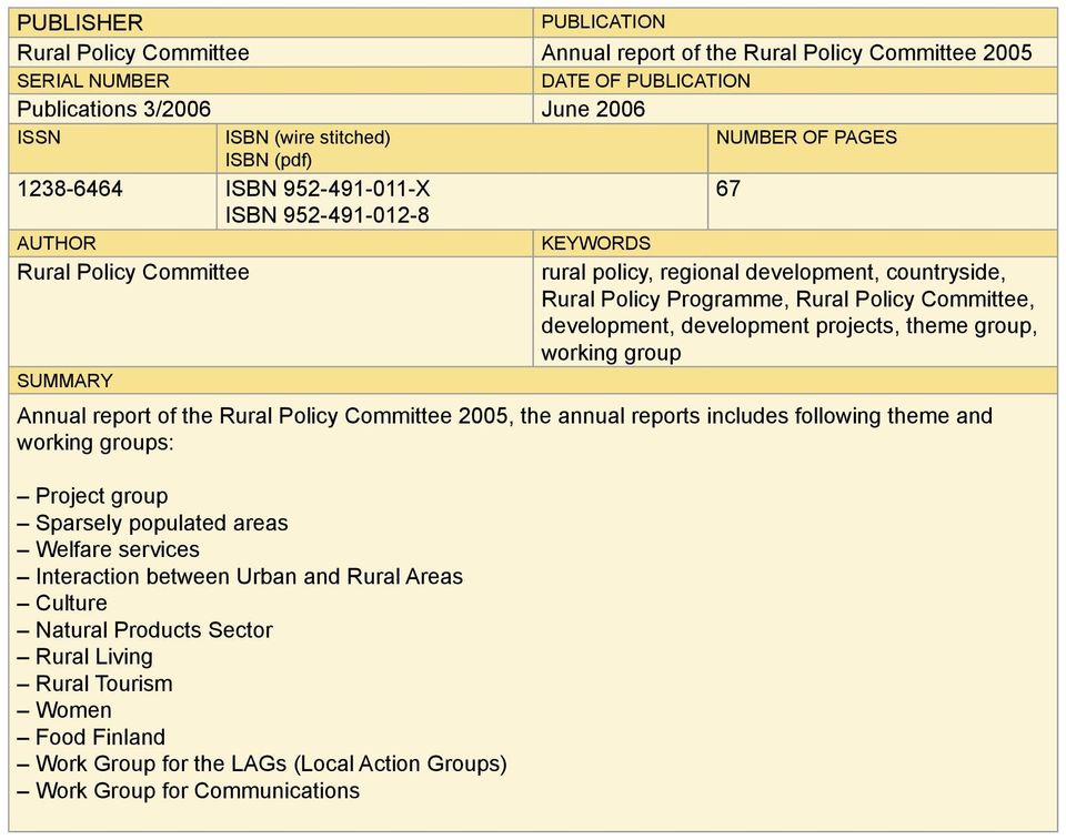 development, development projects, theme group, working group SUMMARY Annual report of the Rural Policy Committee 2005, the annual reports includes following theme and working groups: Project group